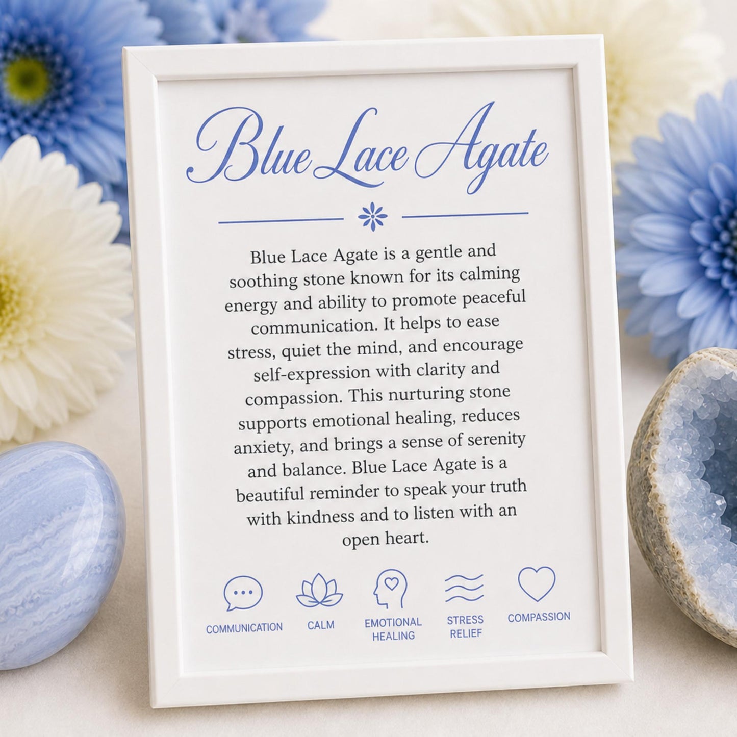 properties card for handmade Blue Lace Agate bracelet with lobster clasp — Reiki infused crystal jewelry for emotional healing and mental clarity