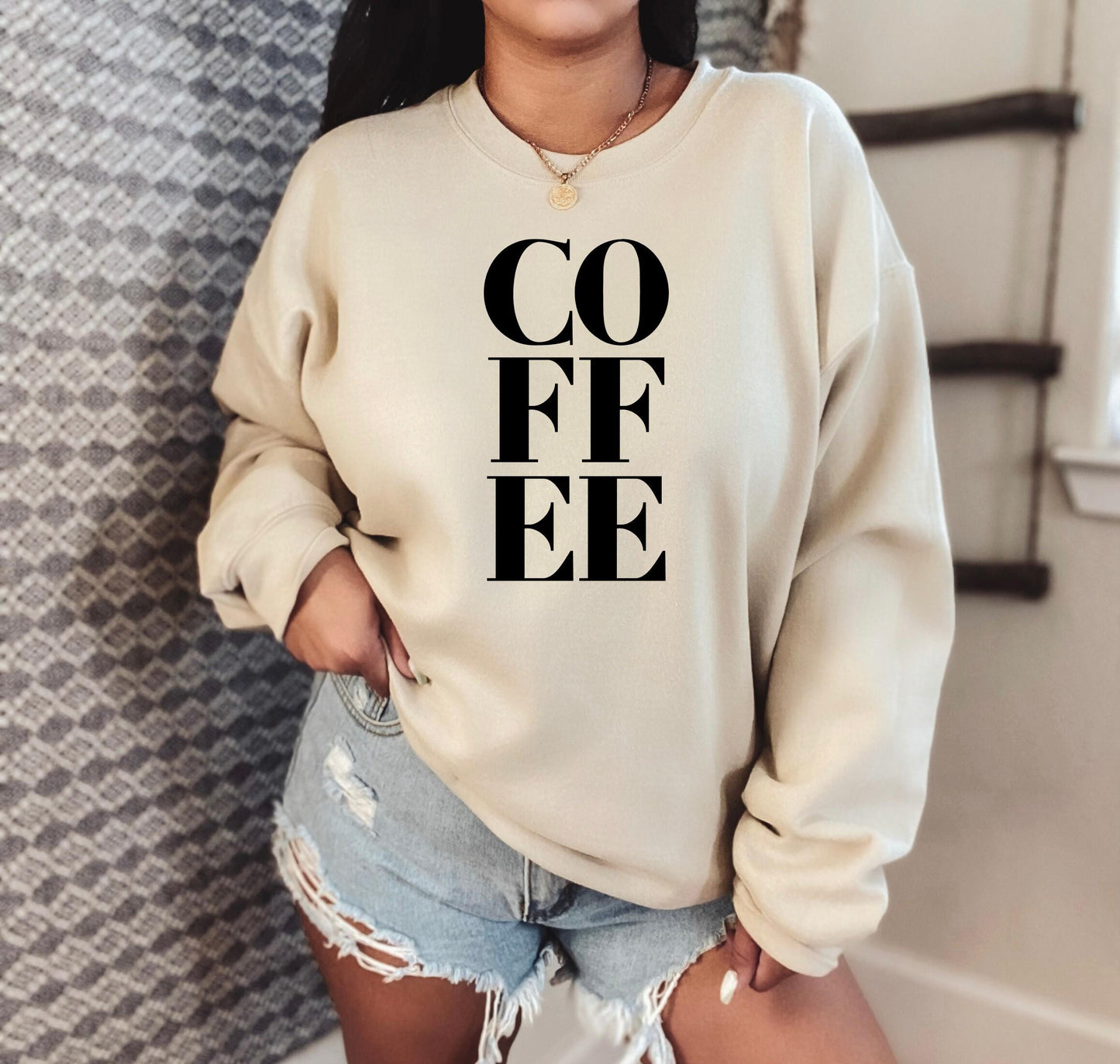 Classic "COFFEE" sweatshirt for caffeine-fueled and cozy women in beige