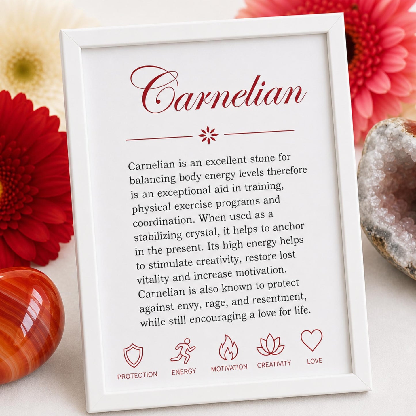 properties card for Carnelian crystal bracelet handmade to order — empowerment gemstone jewelry for fearless living and intentional energy