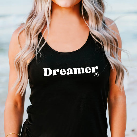 Inspiring "Dreamer" racerback tank top for women who dare to dream big in black