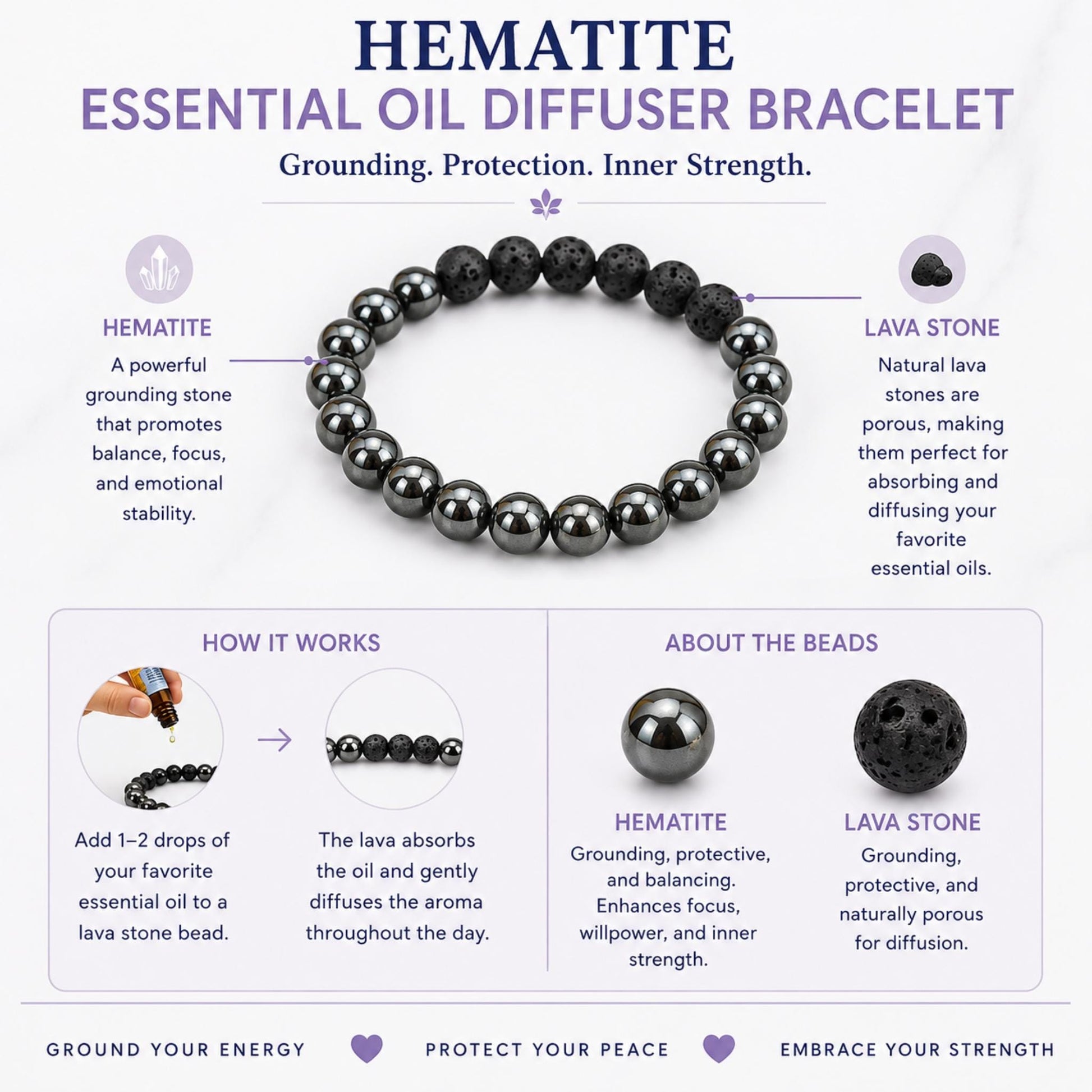Hematite crystal chip bracelet for grounding and Root Chakra healing — ethically sourced gemstone jewelry