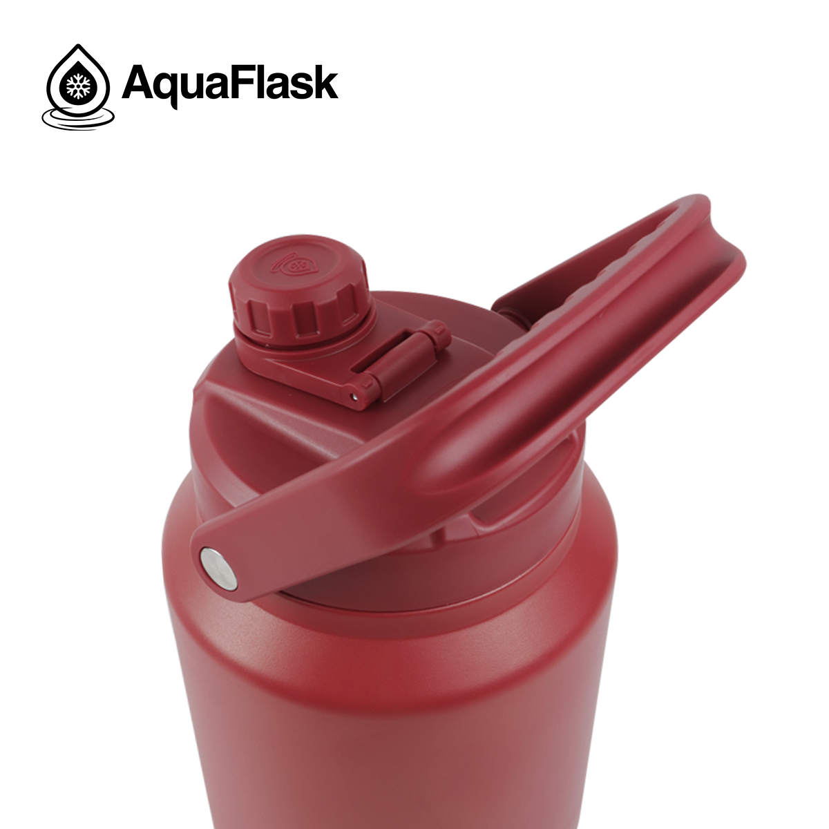 red AquaFlask Original 84oz close-up showing lid and carry handle detail
