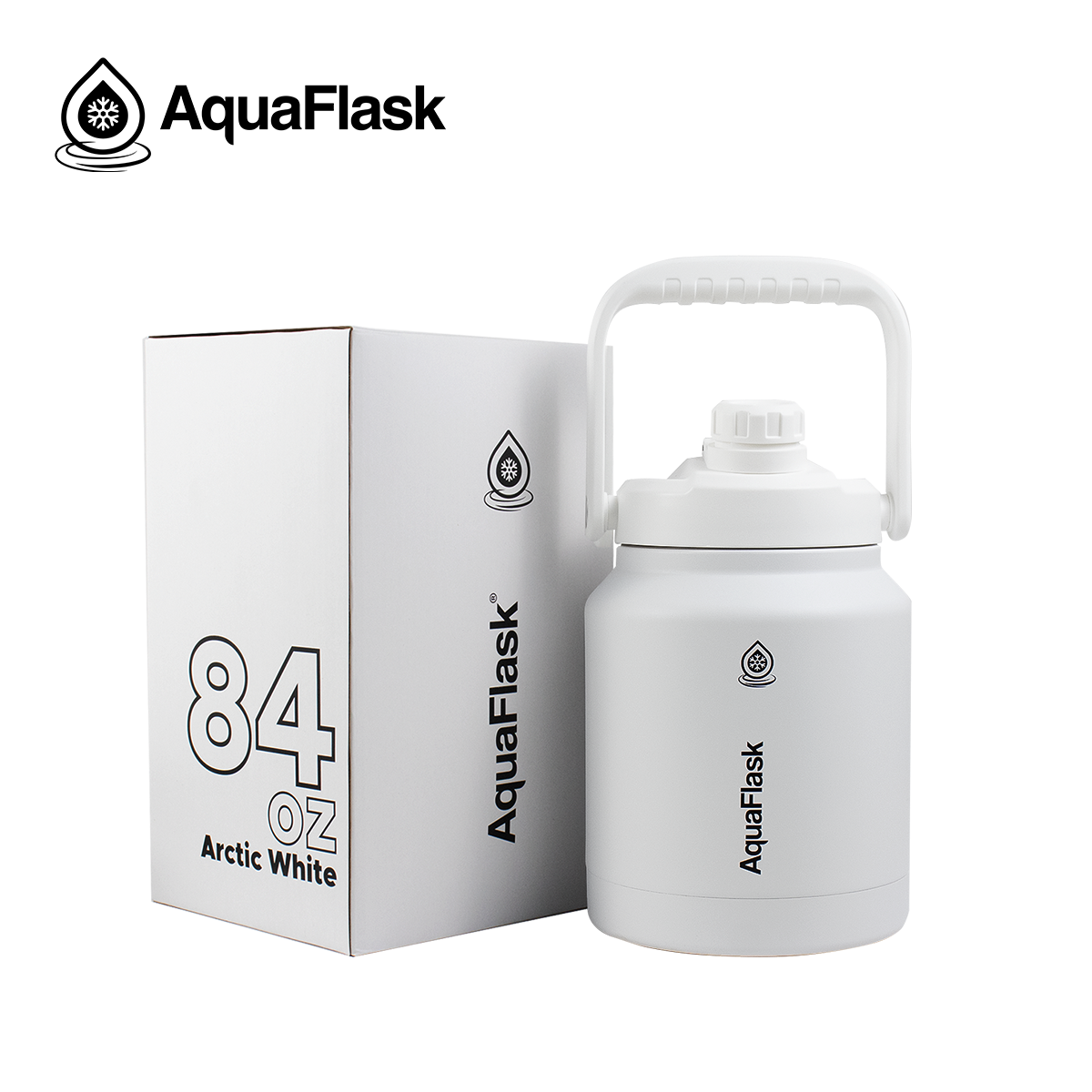 white AquaFlask Original 84oz vacuum insulated bottle held outdoors