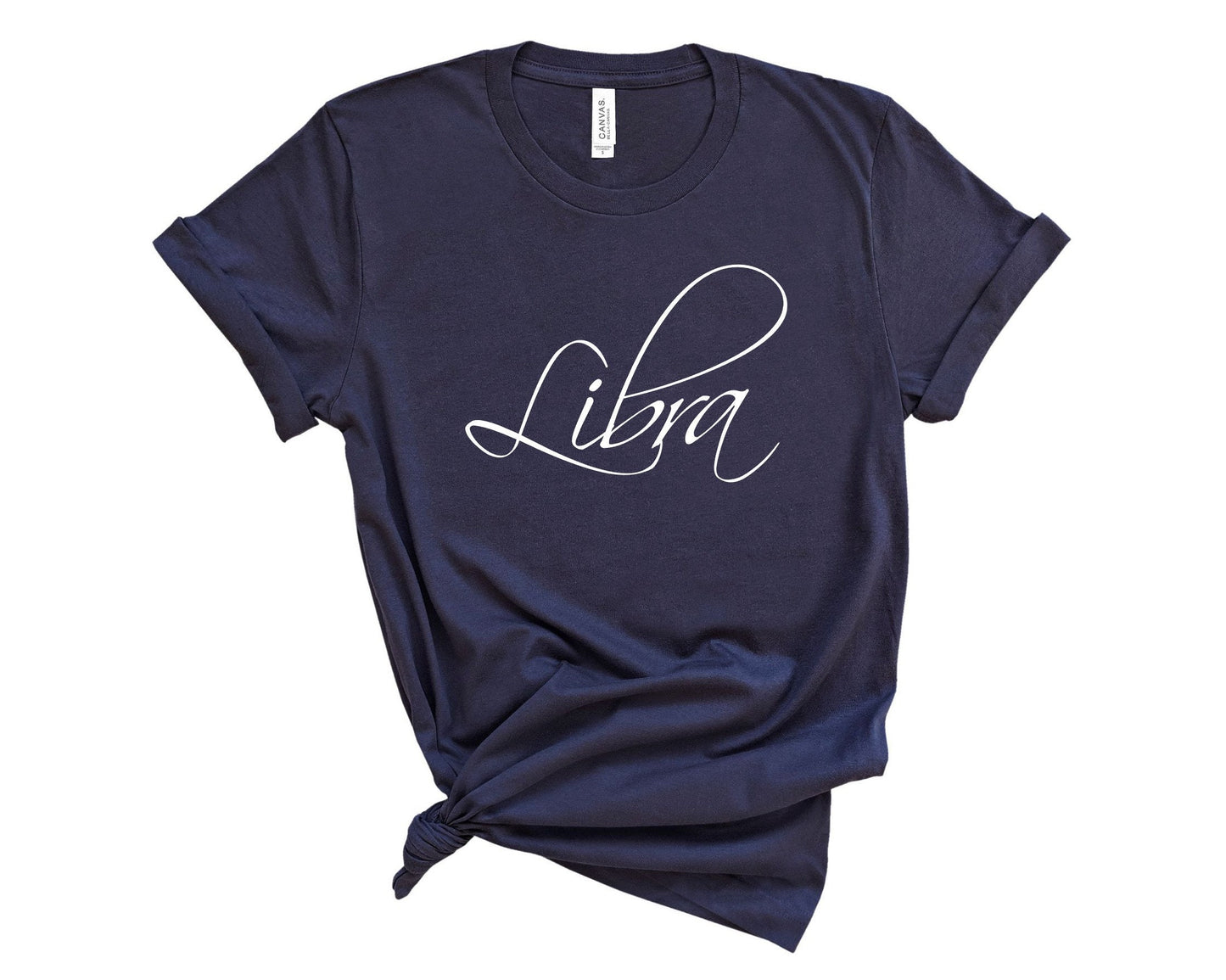 Astrology-loving women's Libra t-shirt for zodiac enthusiasts and daily wear in navy blue