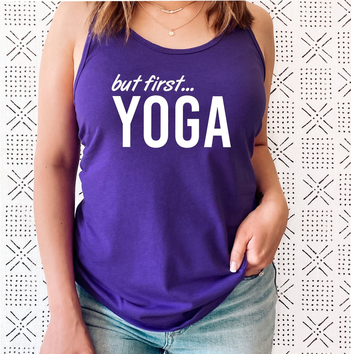 Women's But First Yoga racerback tank with fun and relatable graphic print in purple