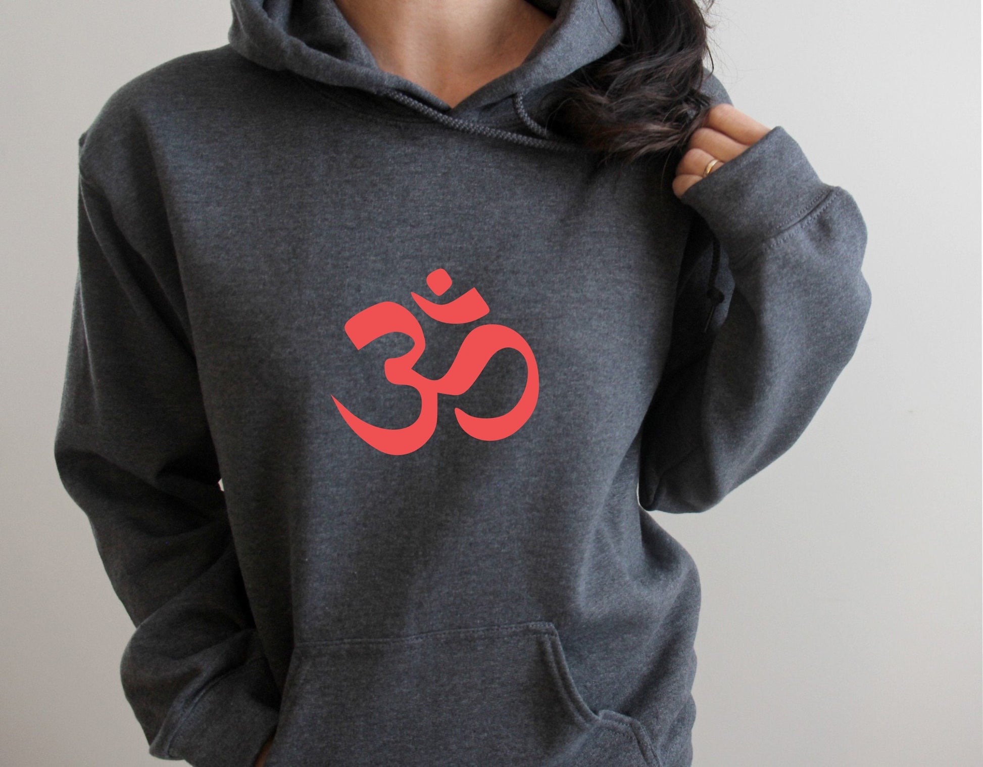 lassic Om symbol hoodie as a perfect gift for yoga and meditation lovers in grey with pink ohm symbol