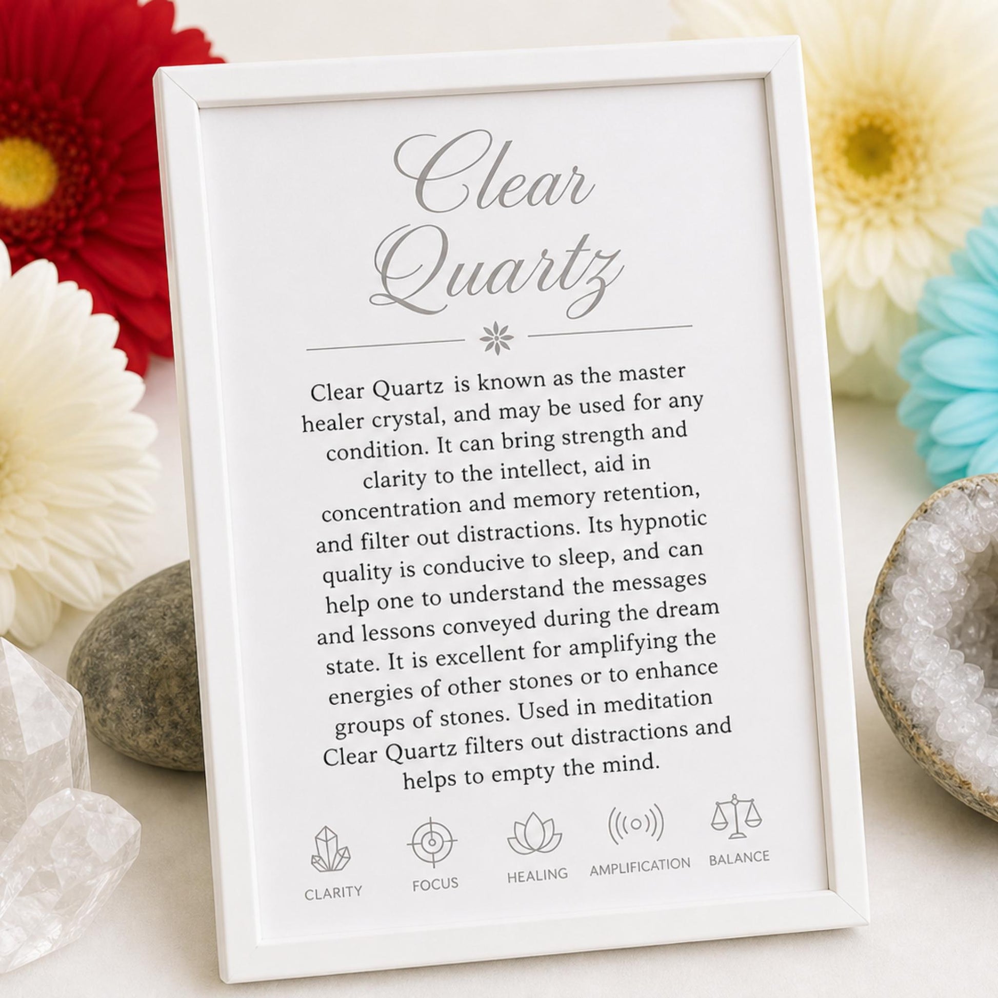 properties card for Raw Clear Quartz healing bracelet — natural crystal chips for energy amplification, clarity, and Crown Chakra alignment