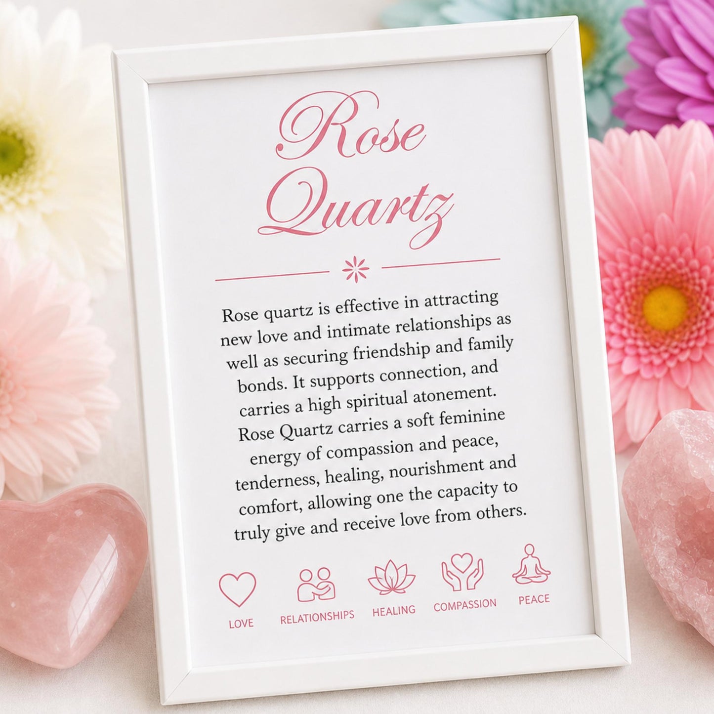 properties card for raw Rose Quartz healing bracelet — natural pink gemstone chips for self-love, trust, and Heart Chakra energy