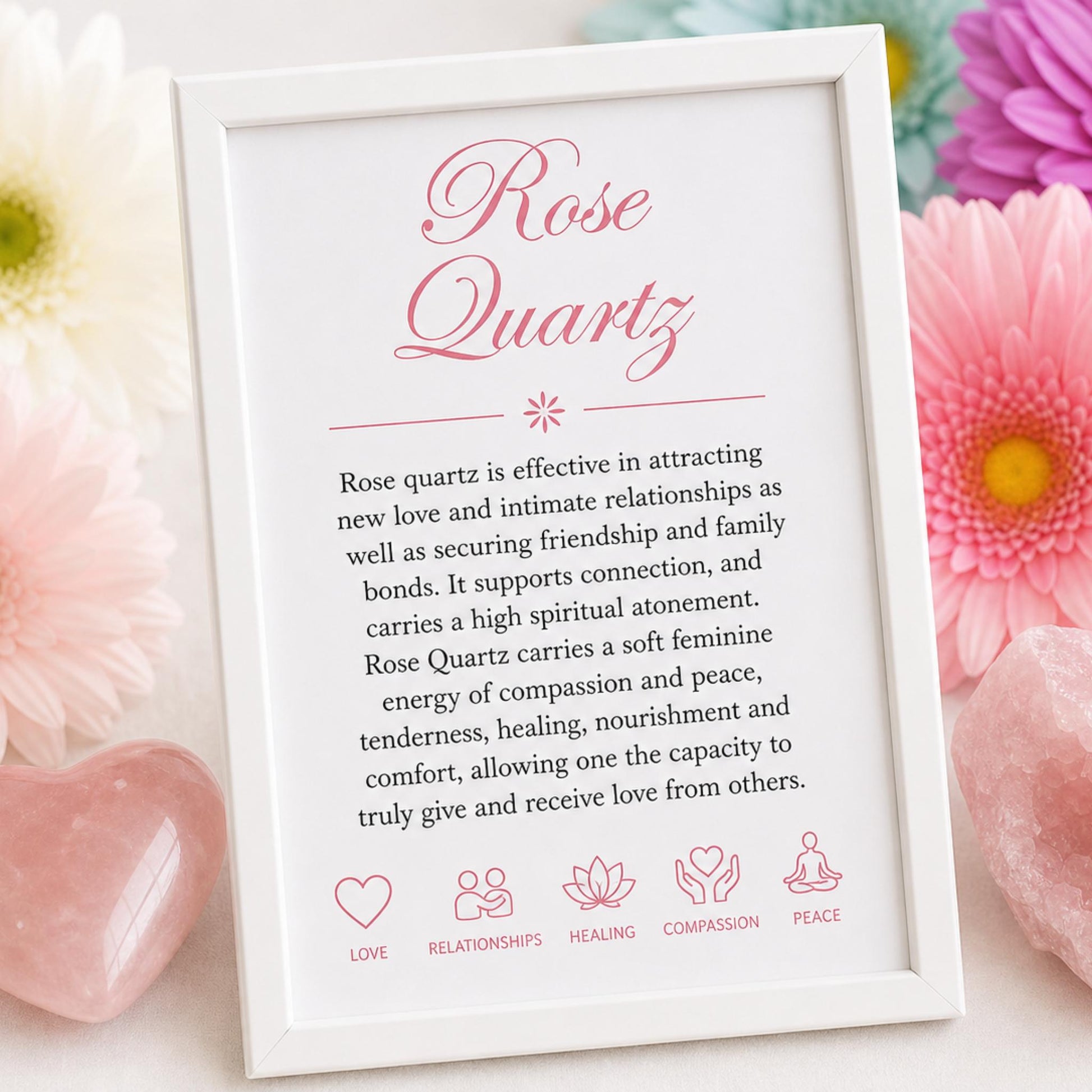 properties card for raw Rose Quartz healing bracelet — natural pink gemstone chips for self-love, trust, and Heart Chakra energy
