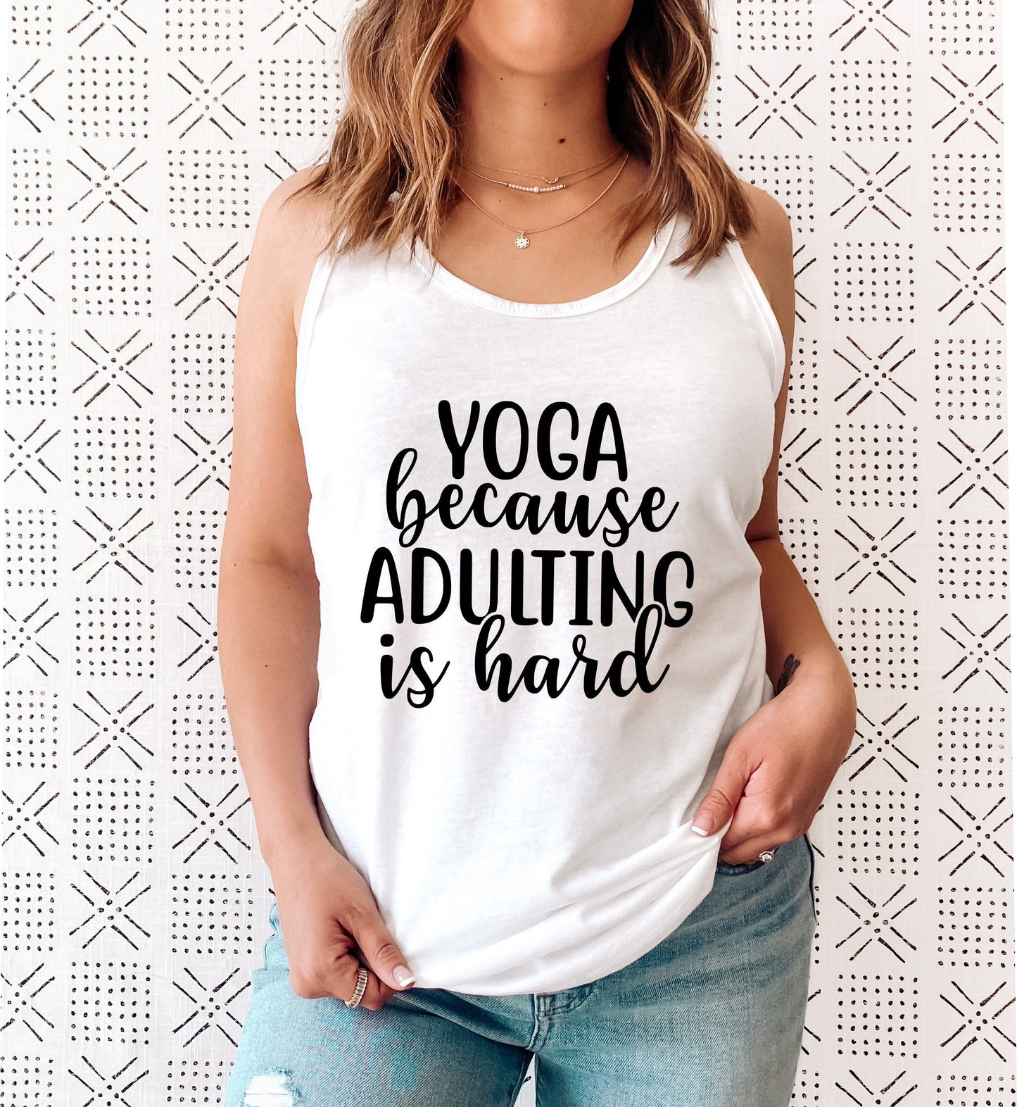 Funny "Yoga Because Adulting Is Hard" racerback tank top for relatable women in white