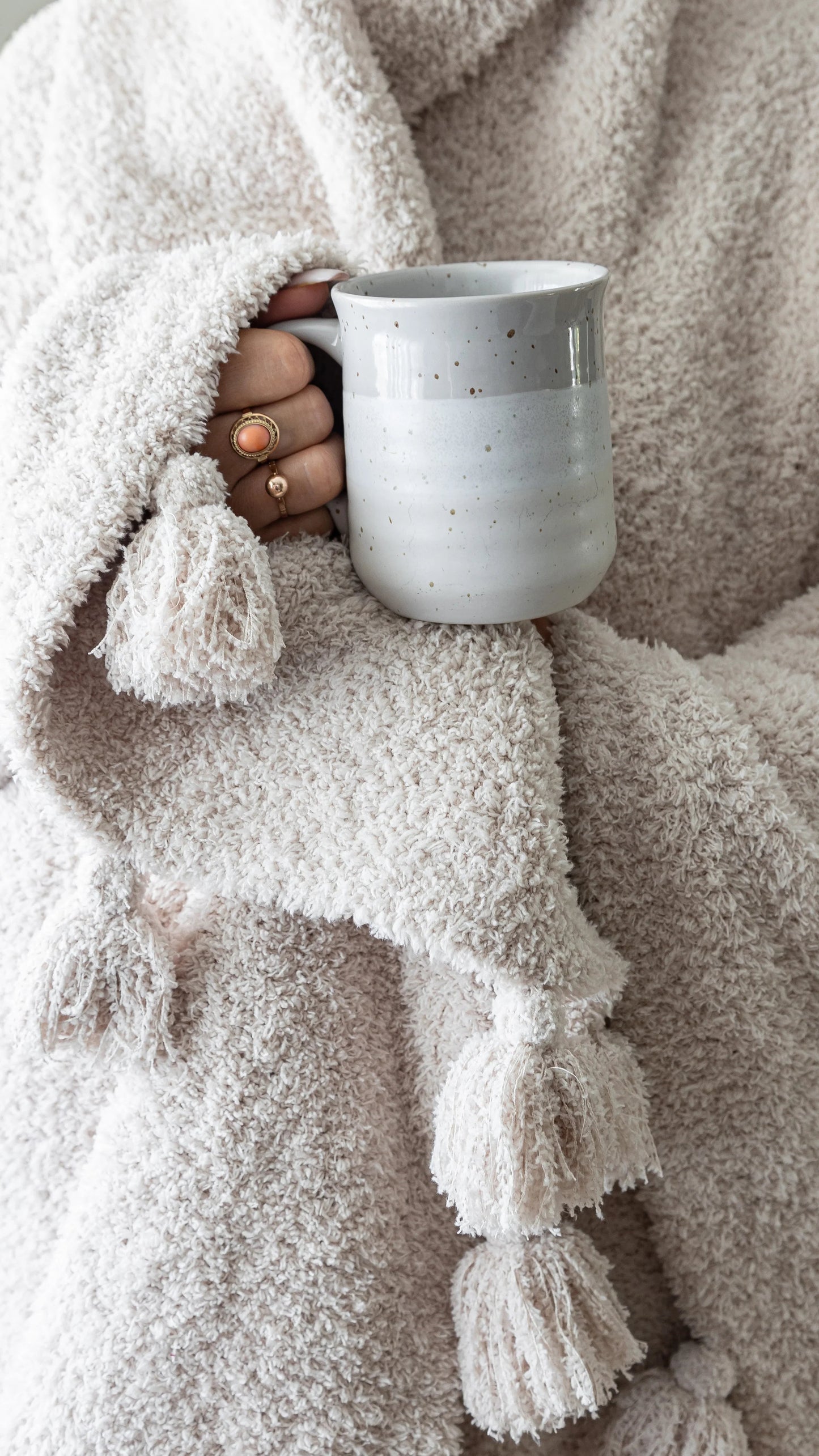Blushing Beige Extended Throw Blanket — Double Layer Plush with Tassels