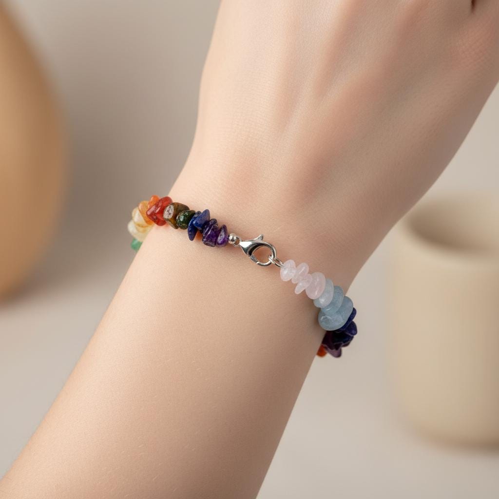 Rainbow chakra healing bracelet — genuine crystal chips including Blue Lace Agate, Moonstone, and Citrine for full alignment