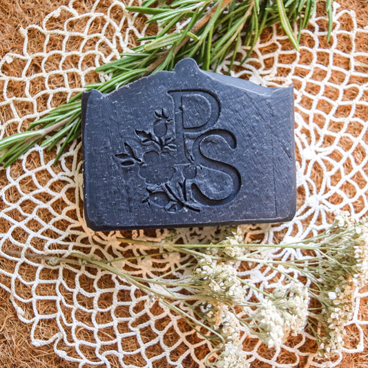 Deep cleansing charcoal and yarrow soap with basil, rosemary and tea tree
