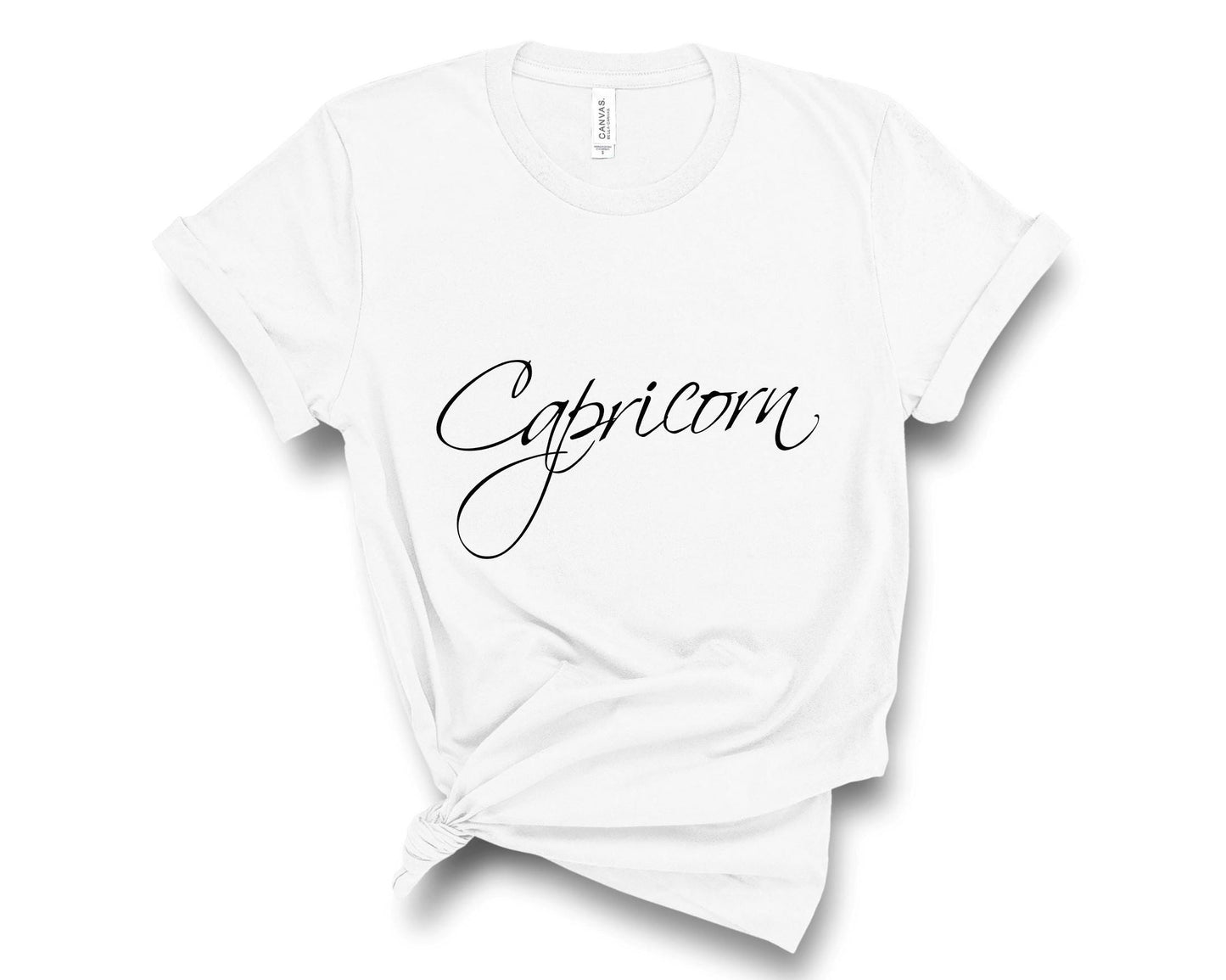 Women's Capricorn astrology t-shirt with bold zodiac symbol graphic print in white