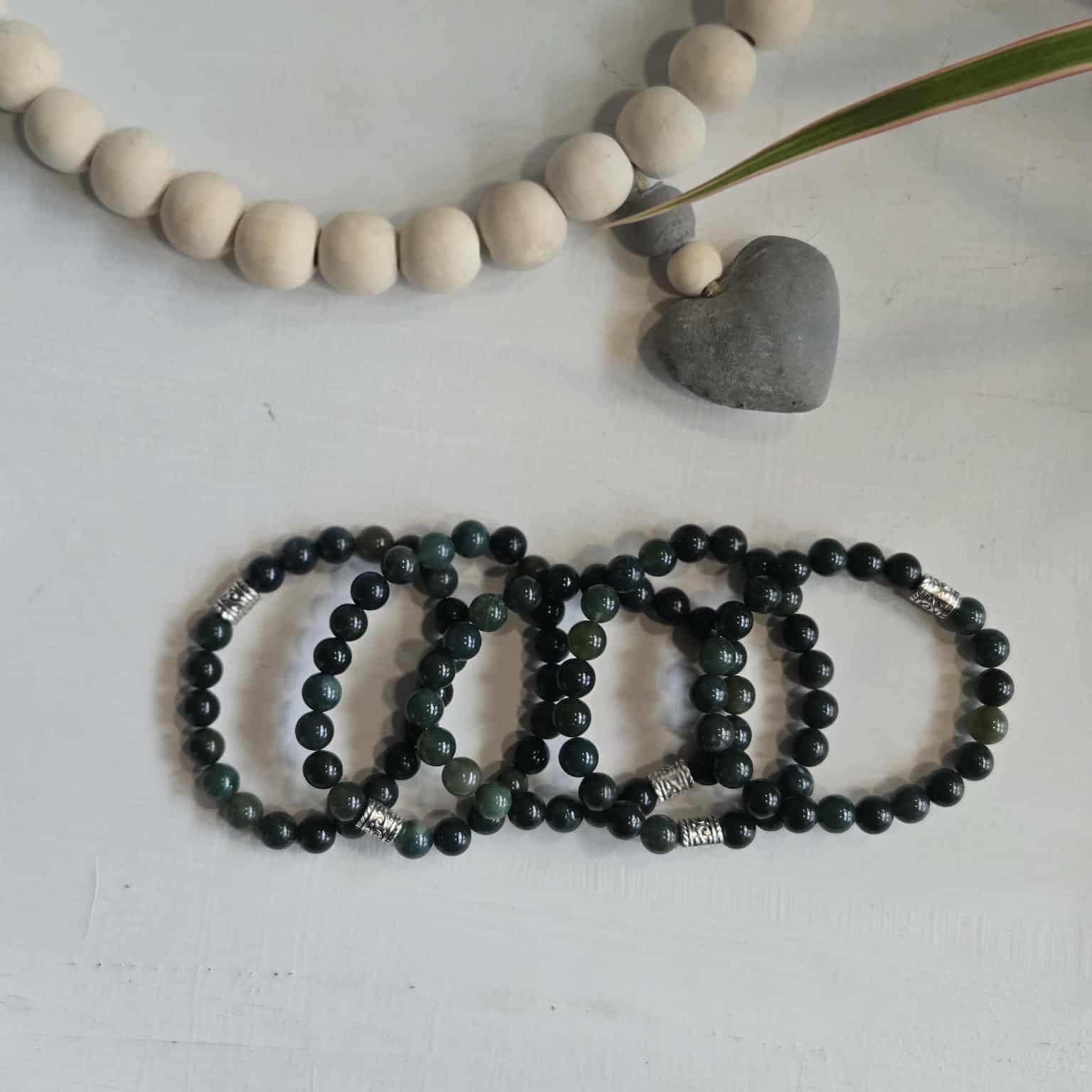 Moss Agate crystal bracelet lifestyle — grounding green stone bracelet for women