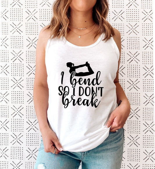 Resilient "I Bend So I Don't Break" yoga tank top for strong and flexible women in white