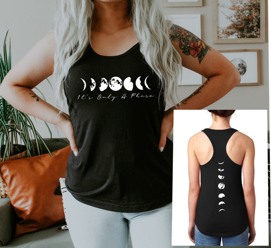 Witty "It's Only A Phase" moon phase tank top for spiritual and mindful women in black