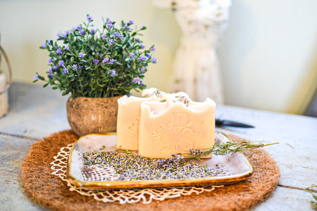 Soothing lavender milk soap bar in lifestyle setting for daily gentle cleansing