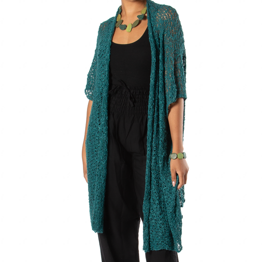 Jade green mid length popcorn knit kimono Bali handmade boho cardigan