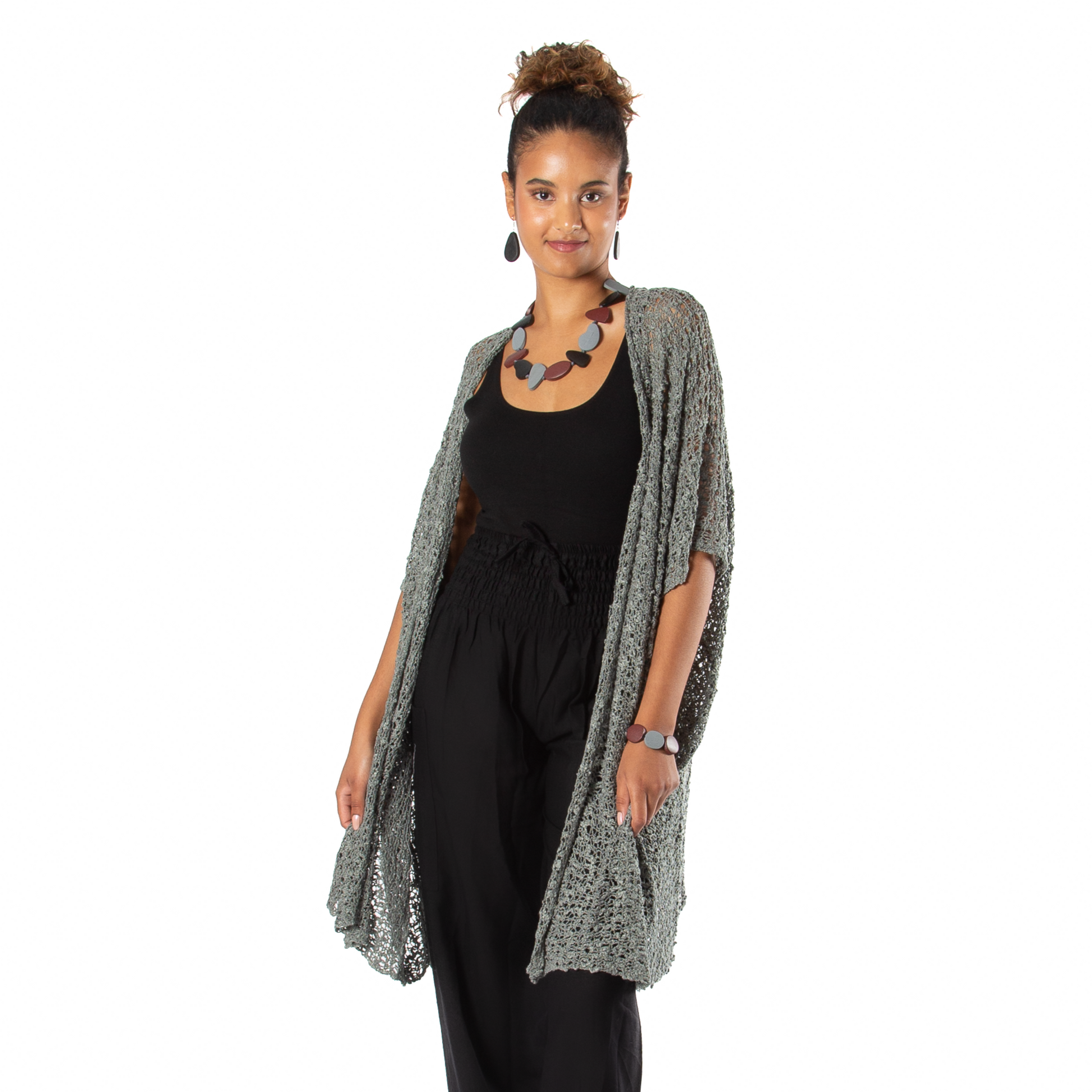 Grey mid length popcorn knit kimono Bali handmade boho cardigan