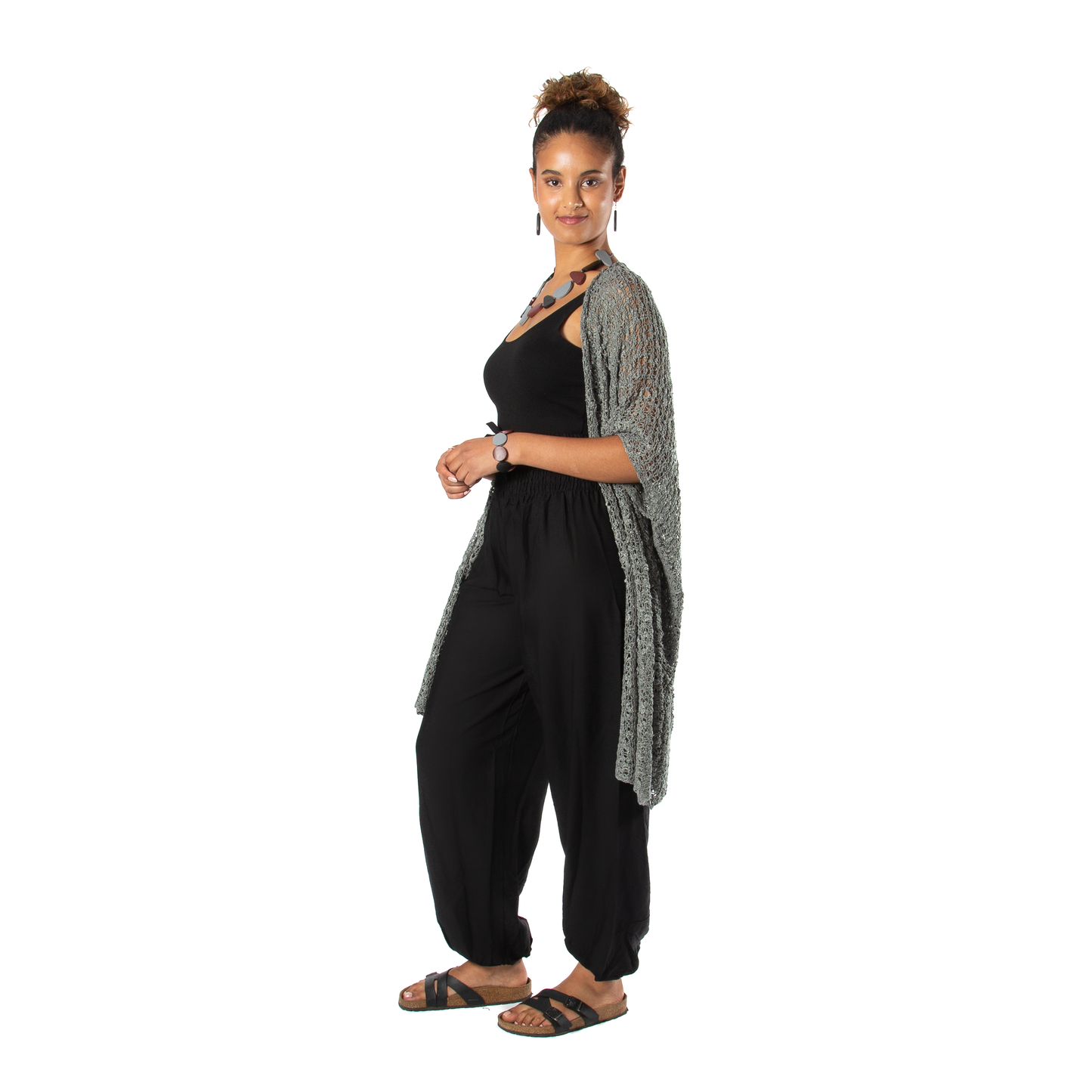 Handmade popcorn knit mid length kimono in grey side view
