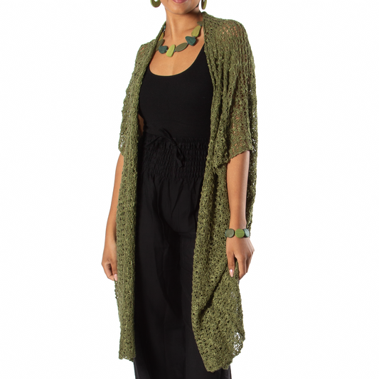 Sage green mid length popcorn knit kimono Bali handmade boho cardigan