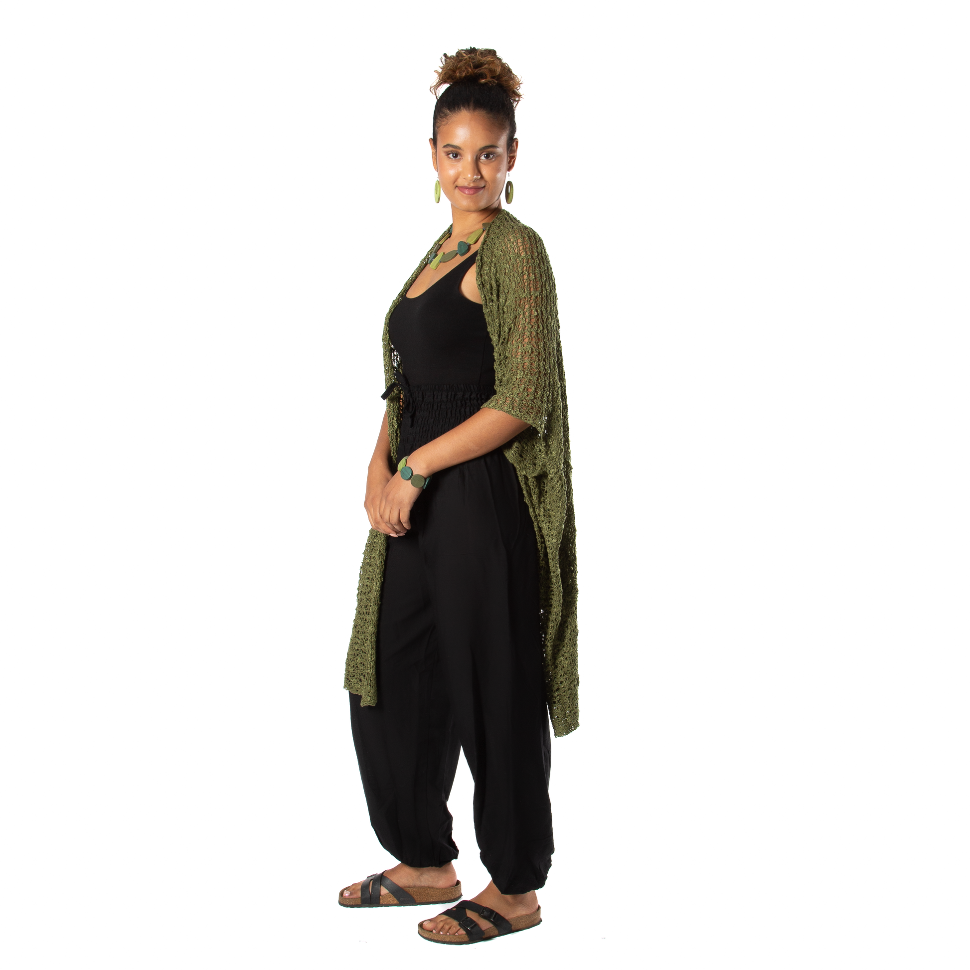 Sage green popcorn knit kimono open front women's layering piece