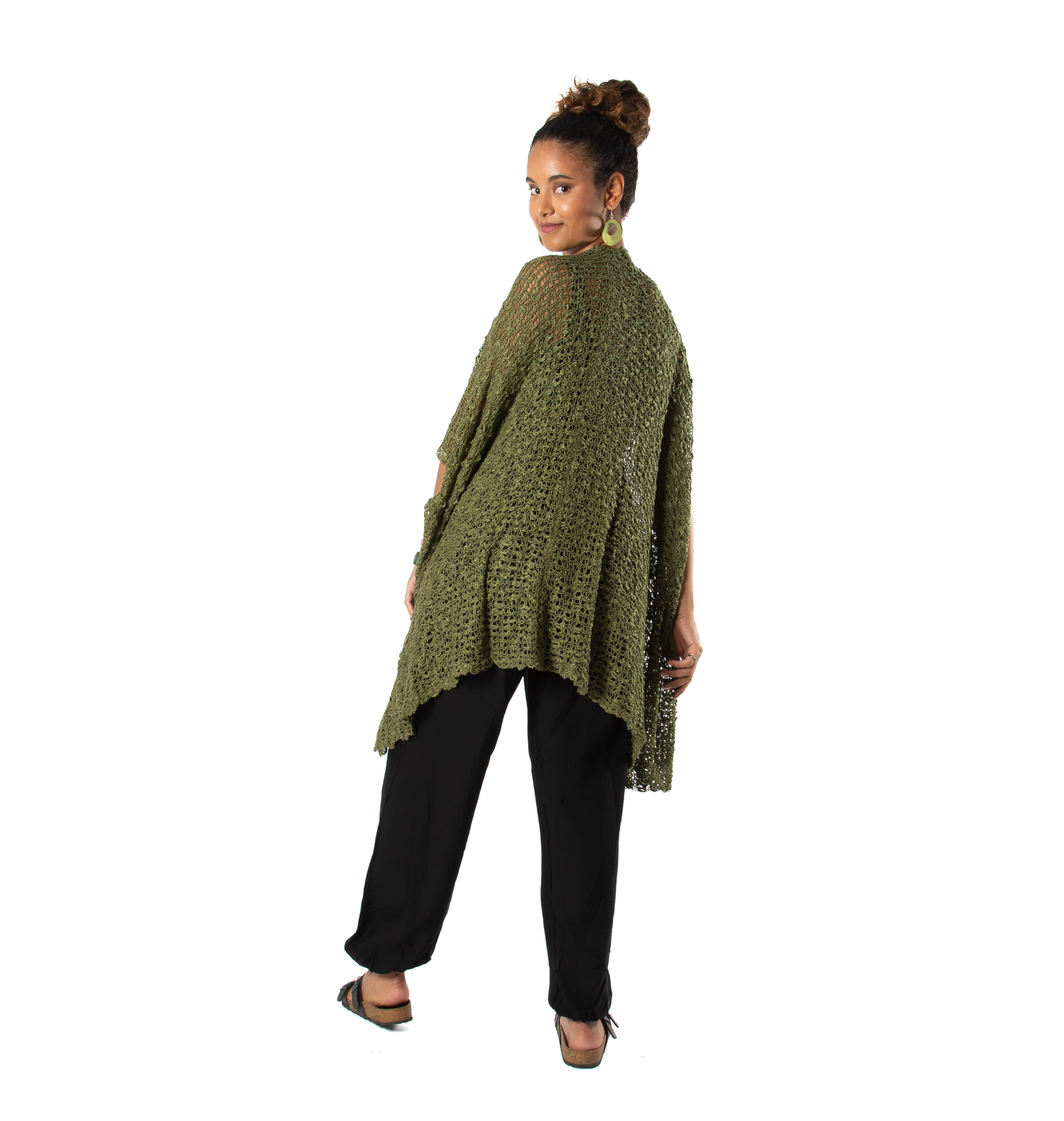 Sage green popcorn knit kimono back view women's layering piece