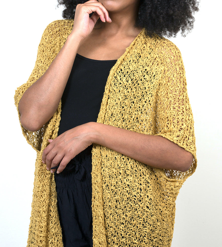 Mustard mid length popcorn knit kimono Bali handmade boho cardigan