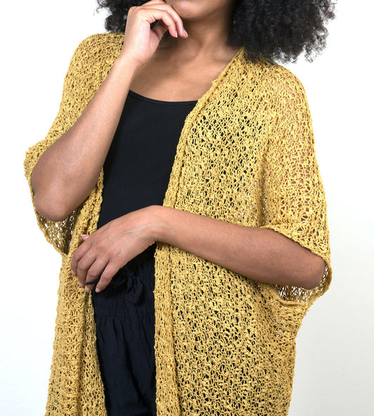 Mustard mid length popcorn knit kimono Bali handmade boho cardigan