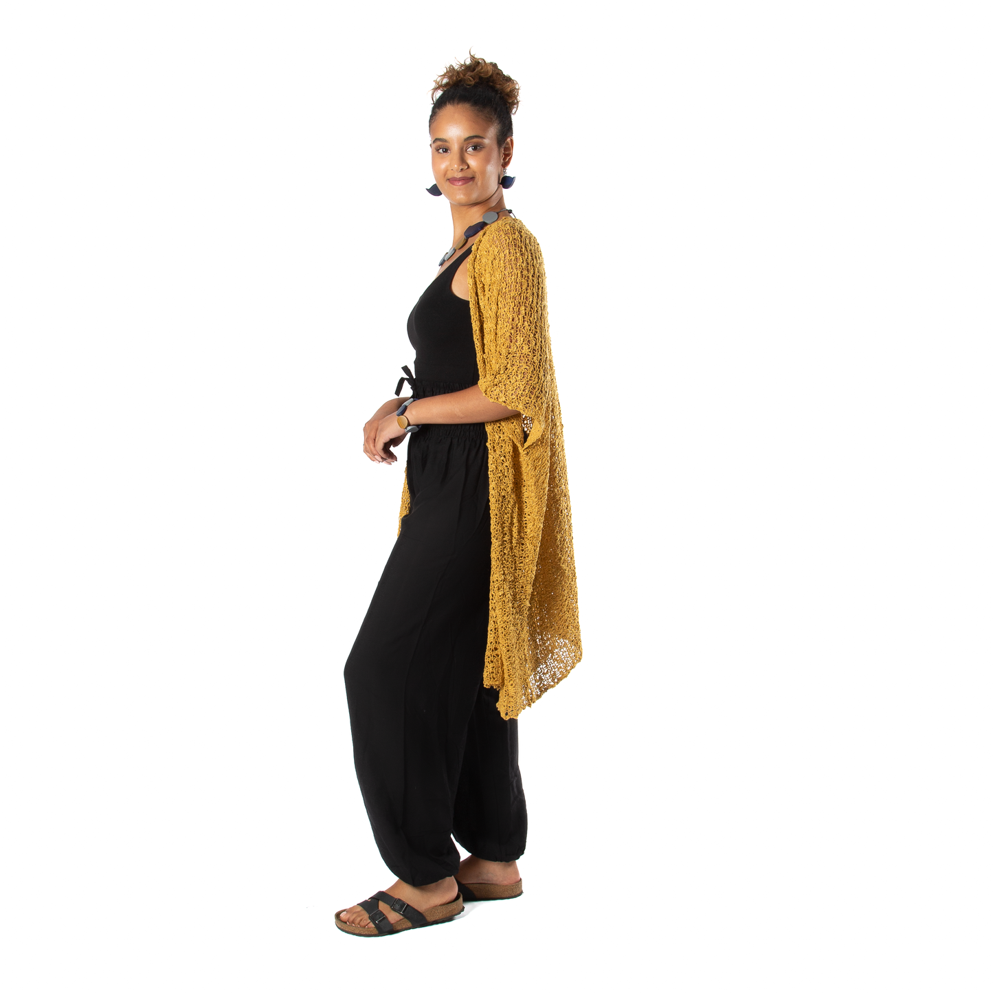 Handmade popcorn knit mid length kimono mustard Bali artisan
