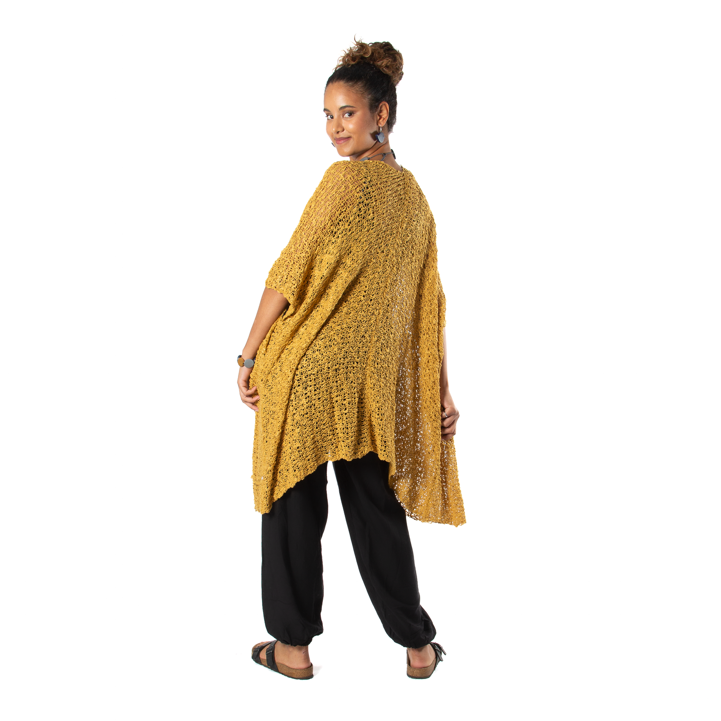 Mustard popcorn knit kimono side view boho knitwear
