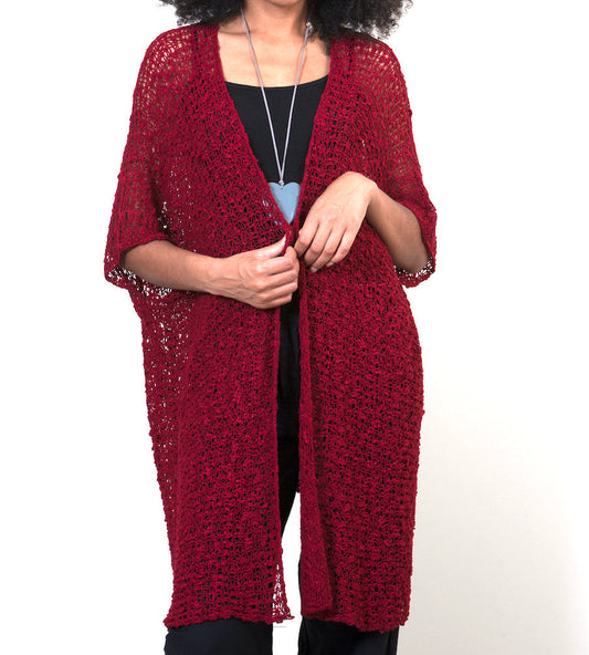 Claret red popcorn knit kimono fabric texture close up boho knitwear