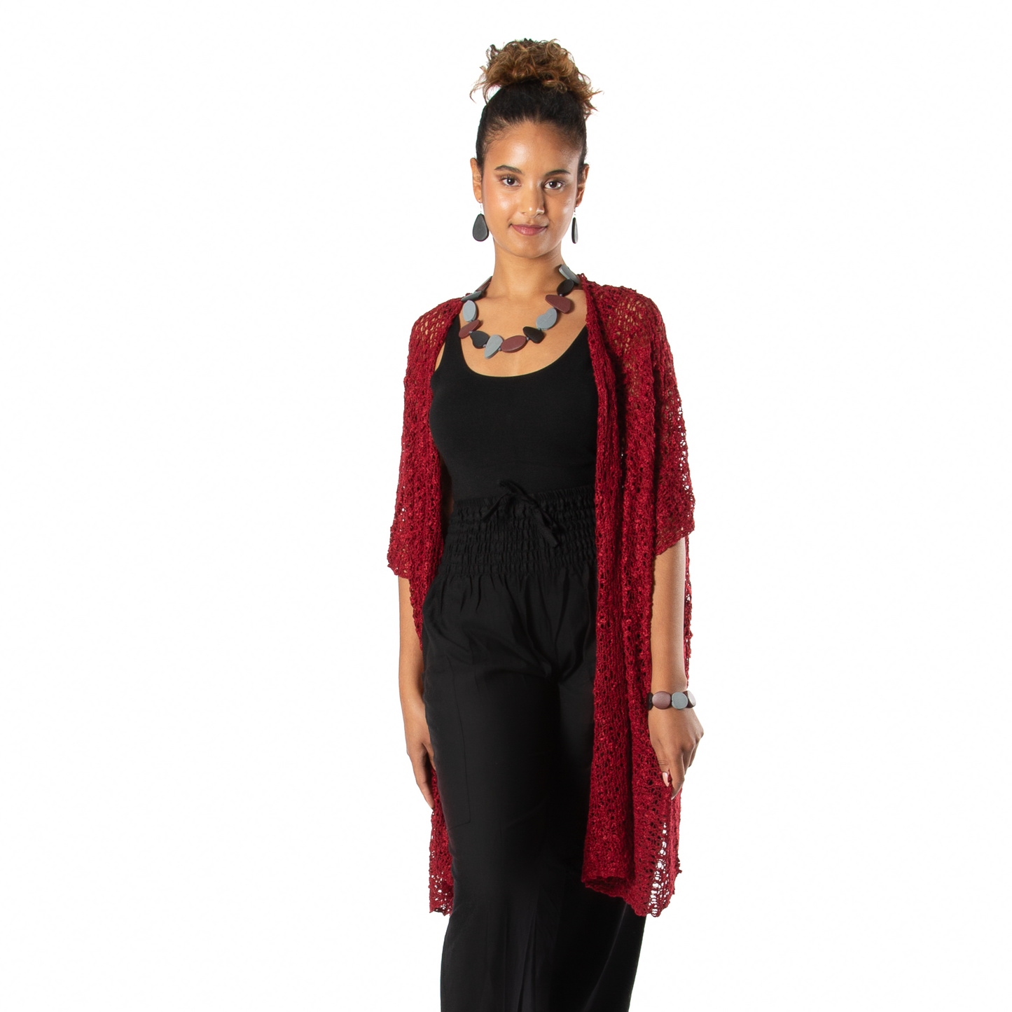 Claret red popcorn knit kimono open front women's layering piece