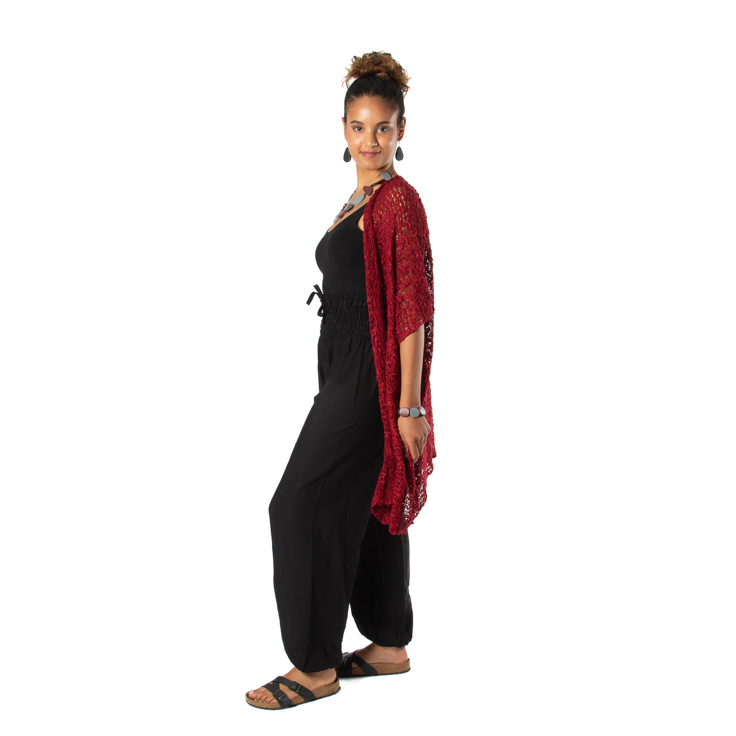 Claret red mid length popcorn knit kimono Bali handmade boho cardigan side view