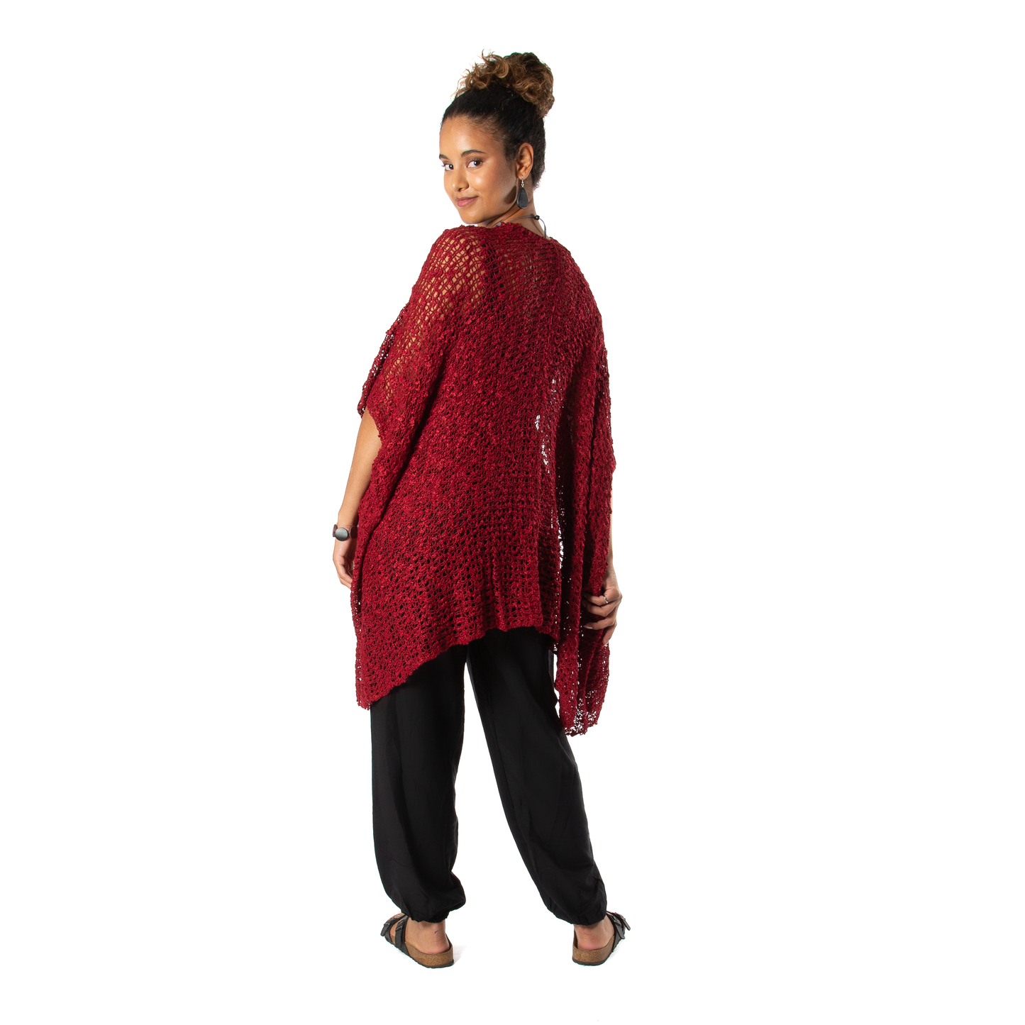 Claret red mid length popcorn knit kimono Bali handmade boho cardigan back view