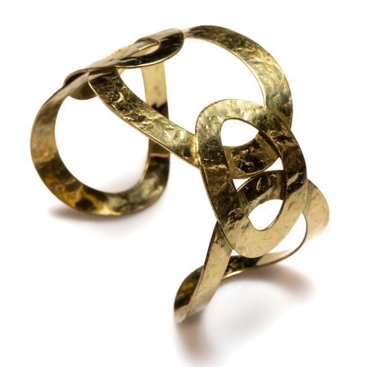 Gold oval links metal cuff bracelet Bali handmade