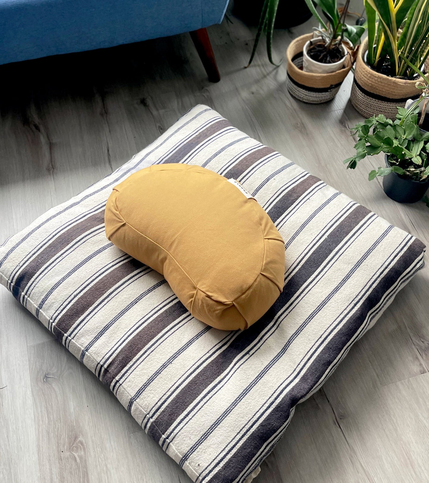 Striped floor cushion with a amber gold meditation pillow on a wooden floor, surrounded by potted plants.