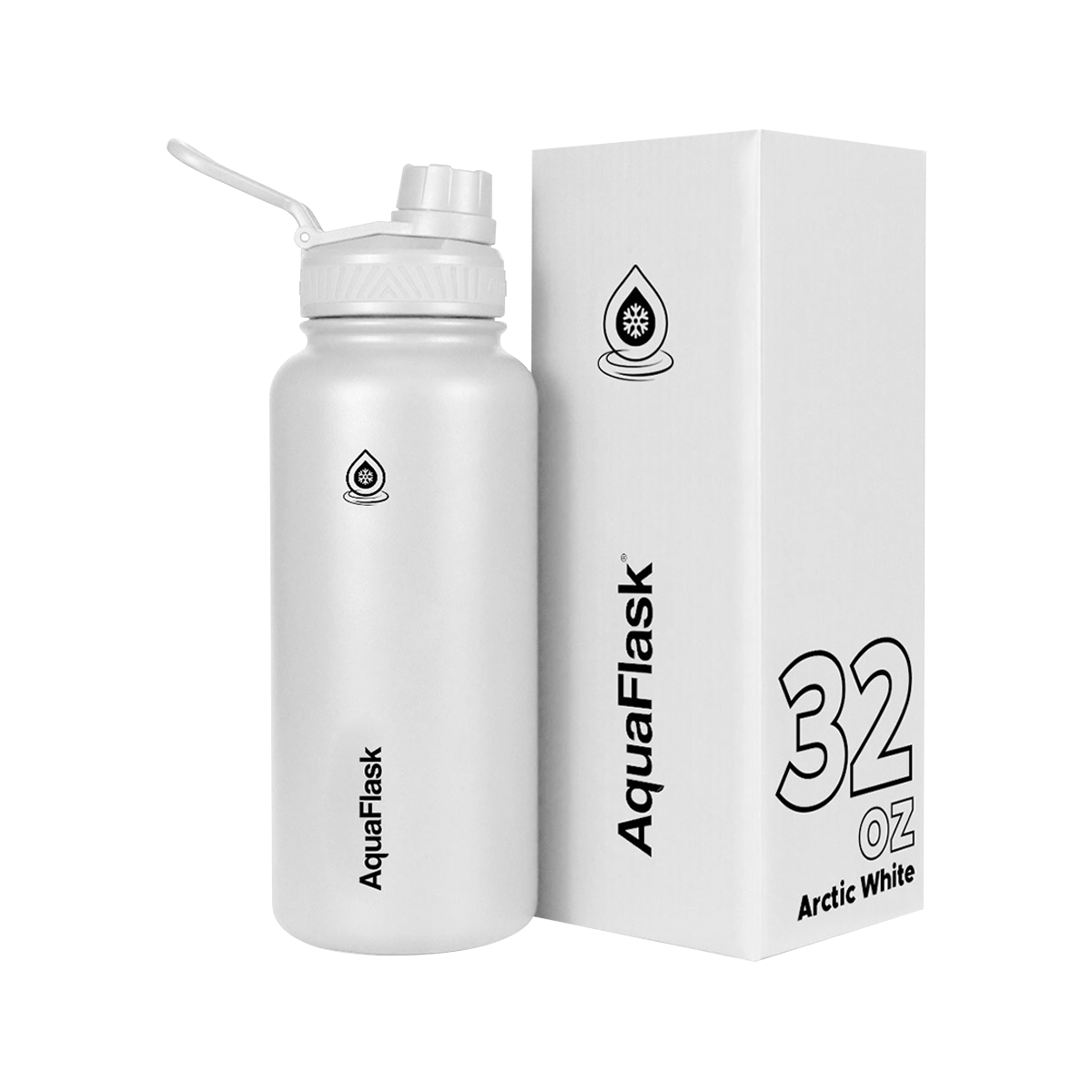 white AquaFlask Original 935ml close-up showing lid and stainless steel body