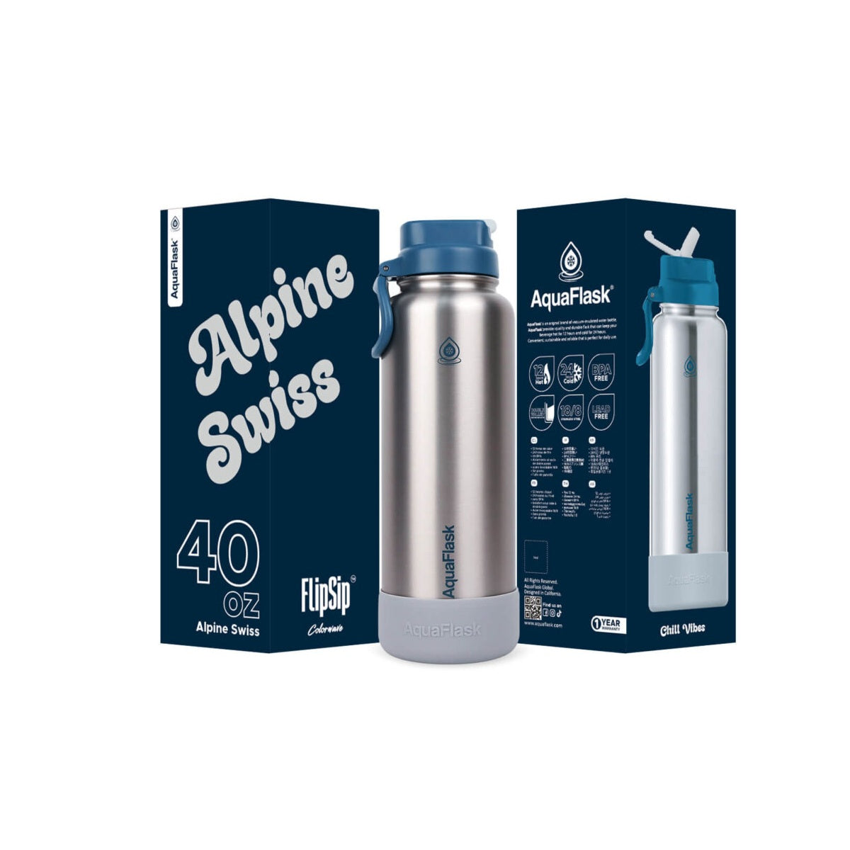 silver AquaFlask Colorwave 40oz held in hand showing large capacity size