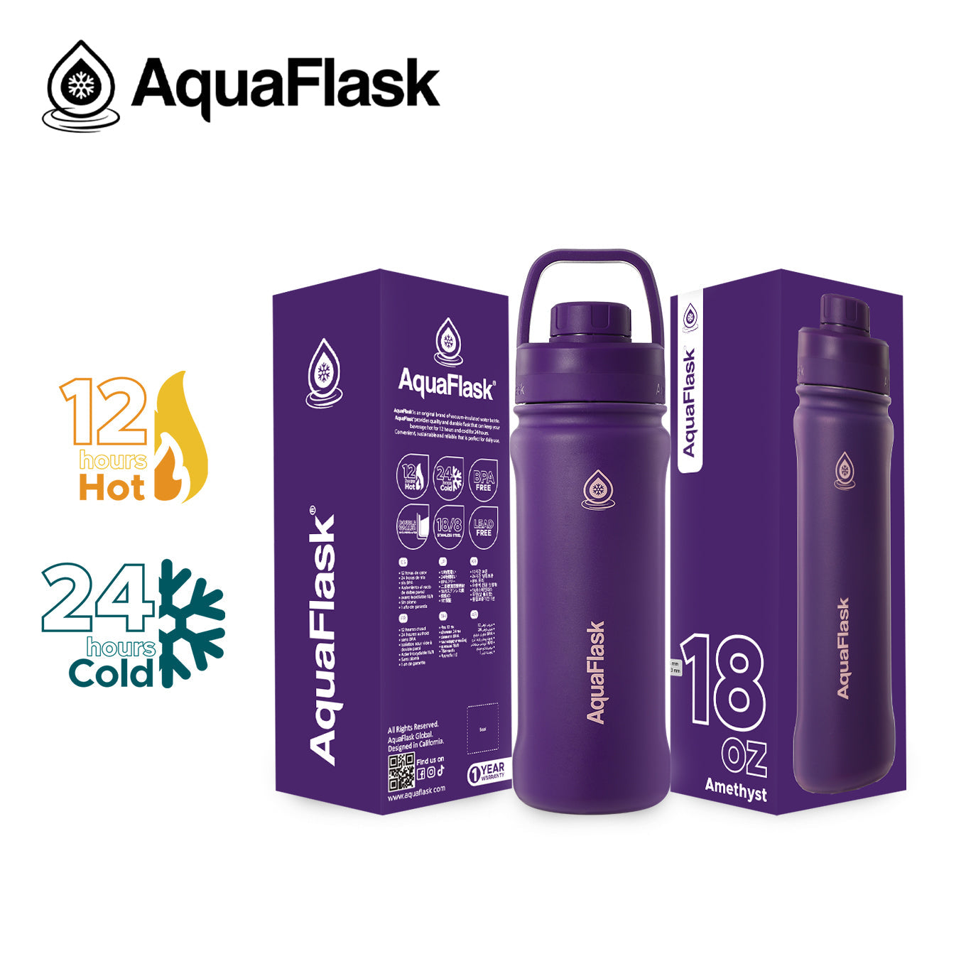 purple AquaFlask Original 18oz in premium lifestyle and travel photography