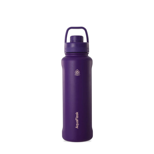 purple AquaFlask 1080ml sports lid close-up for fast easy drinking during workouts