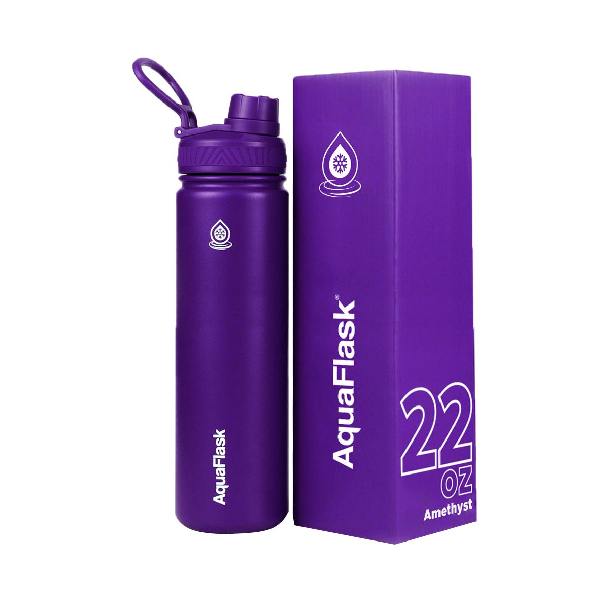 purple AquaFlask Original 22oz showing flip lid and carry loop detail