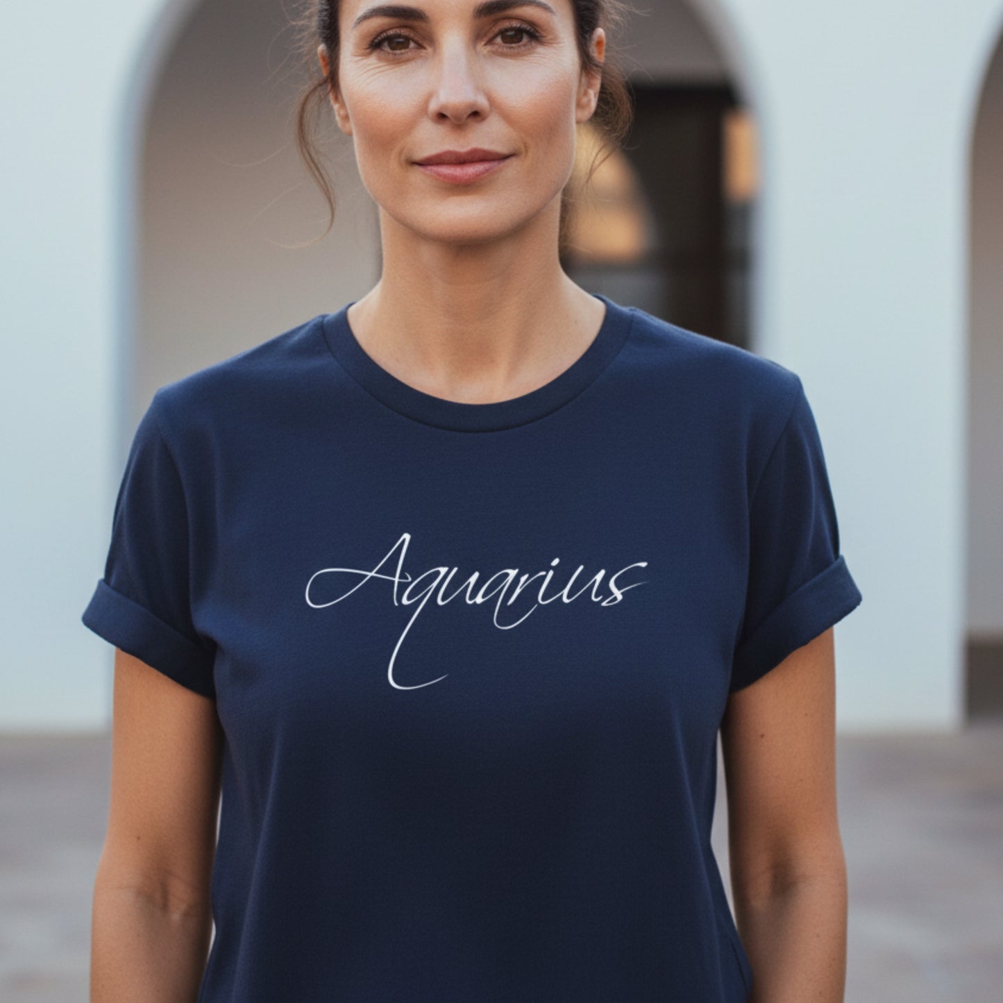 omen's Aquarius air sign t-shirt — independent, visionary, beautifully weird — January February birthday gift for her