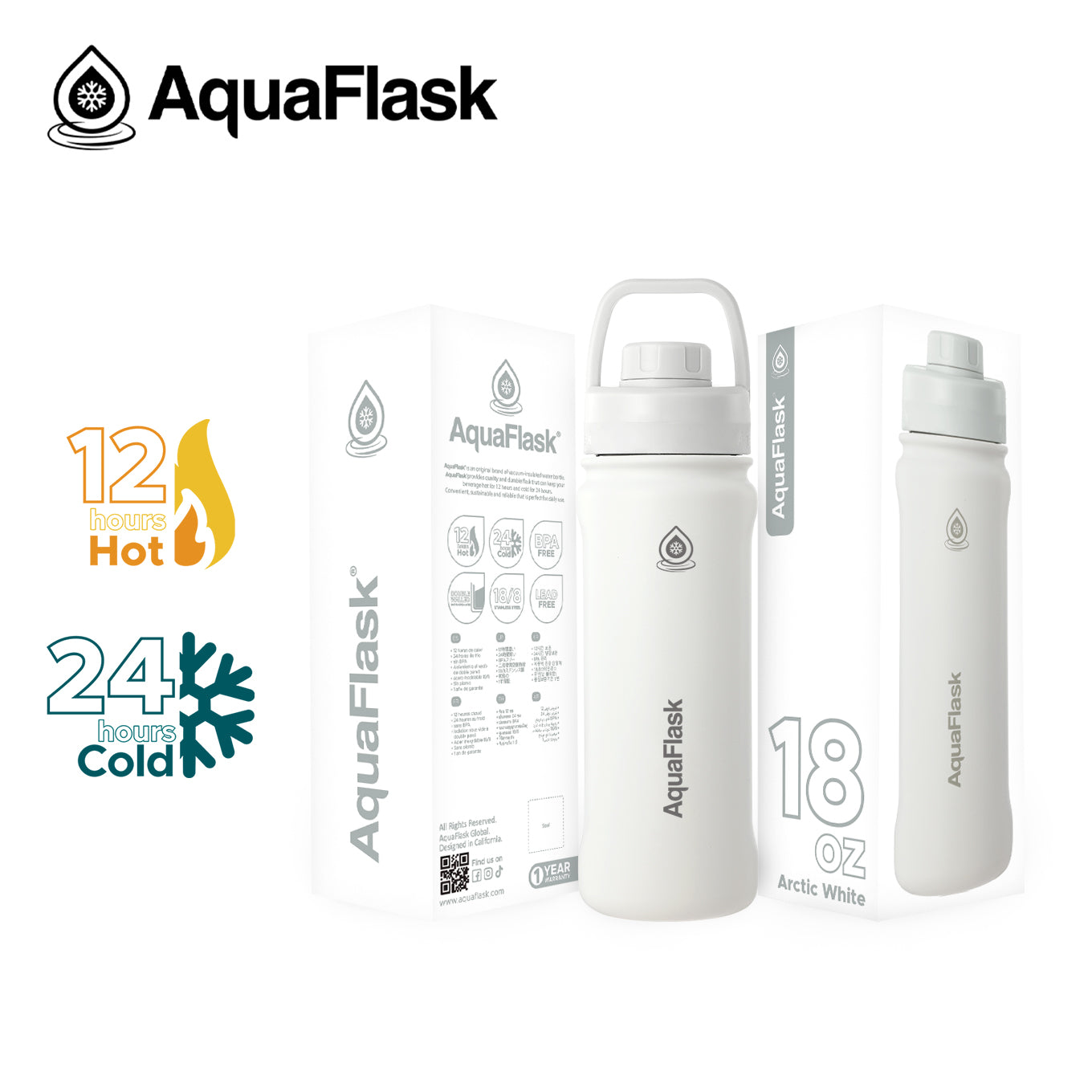 white AquaFlask Original 530ml close-up showing natural condensation-free surface