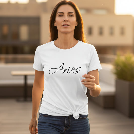 Women's Aries fire sign t-shirt — bold, fearless, fiercely independent — March April birthday gift for her