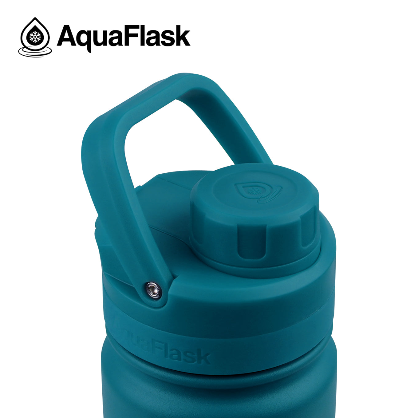 AquaFlask Original 18oz close-up showing ergonomic grip and carry loop blue