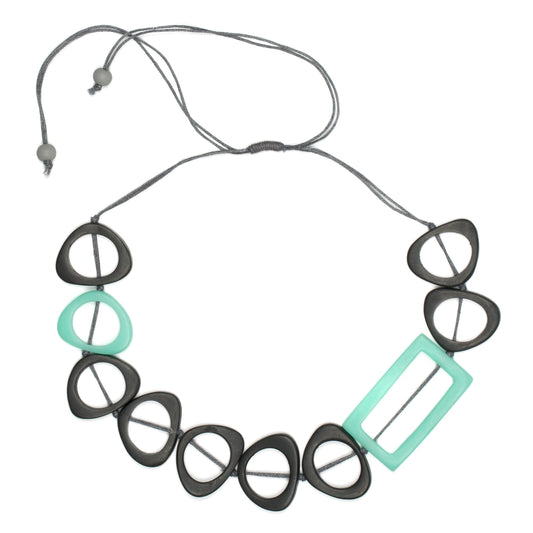 Resin rectangular hoop necklace Bali handmade boho artisan blue
