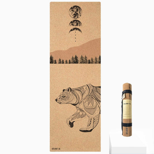 cork yoga mat with bear design and moon phases on a white background