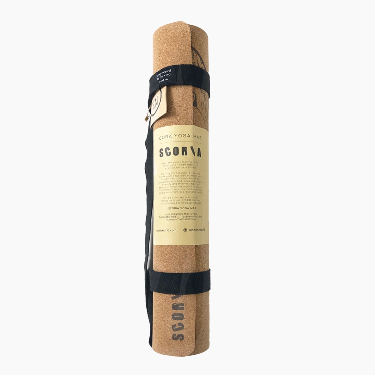 rollec up cork yoga mat with strap and branding on a white background